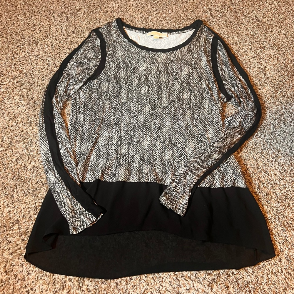 Michael Kors Snakeskin Print Top Black Chiffon Hem Long Sleeve Large
